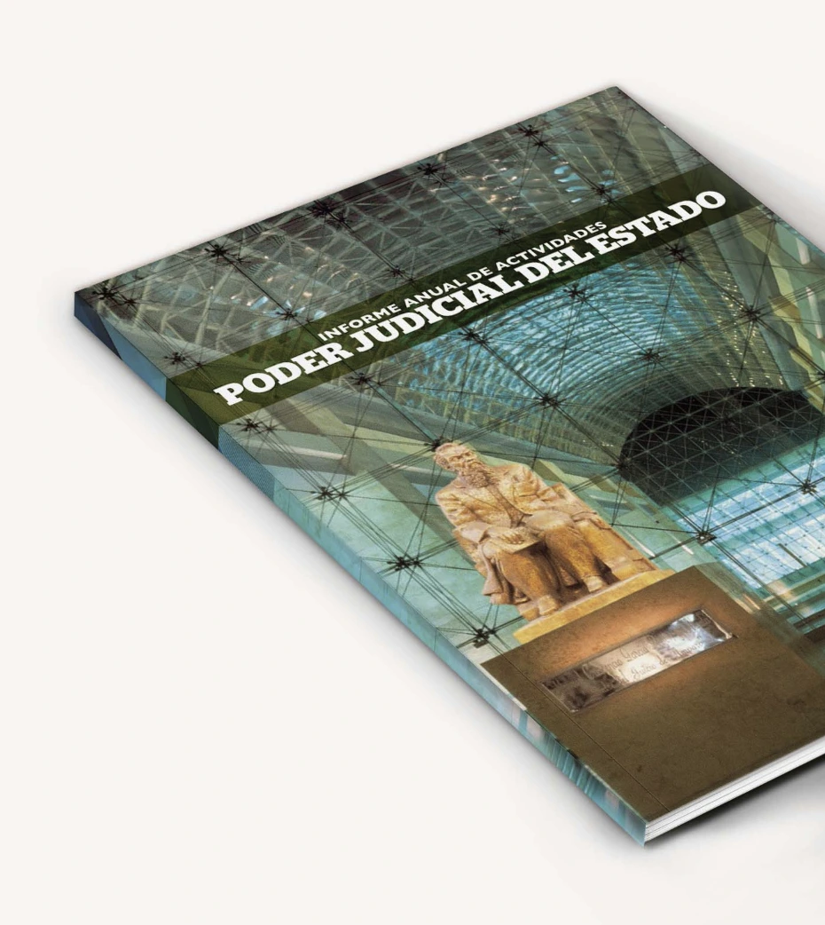 Annual report cover featuring the Poder Judicial Yucatán building and statue of Jacinto Pallares López