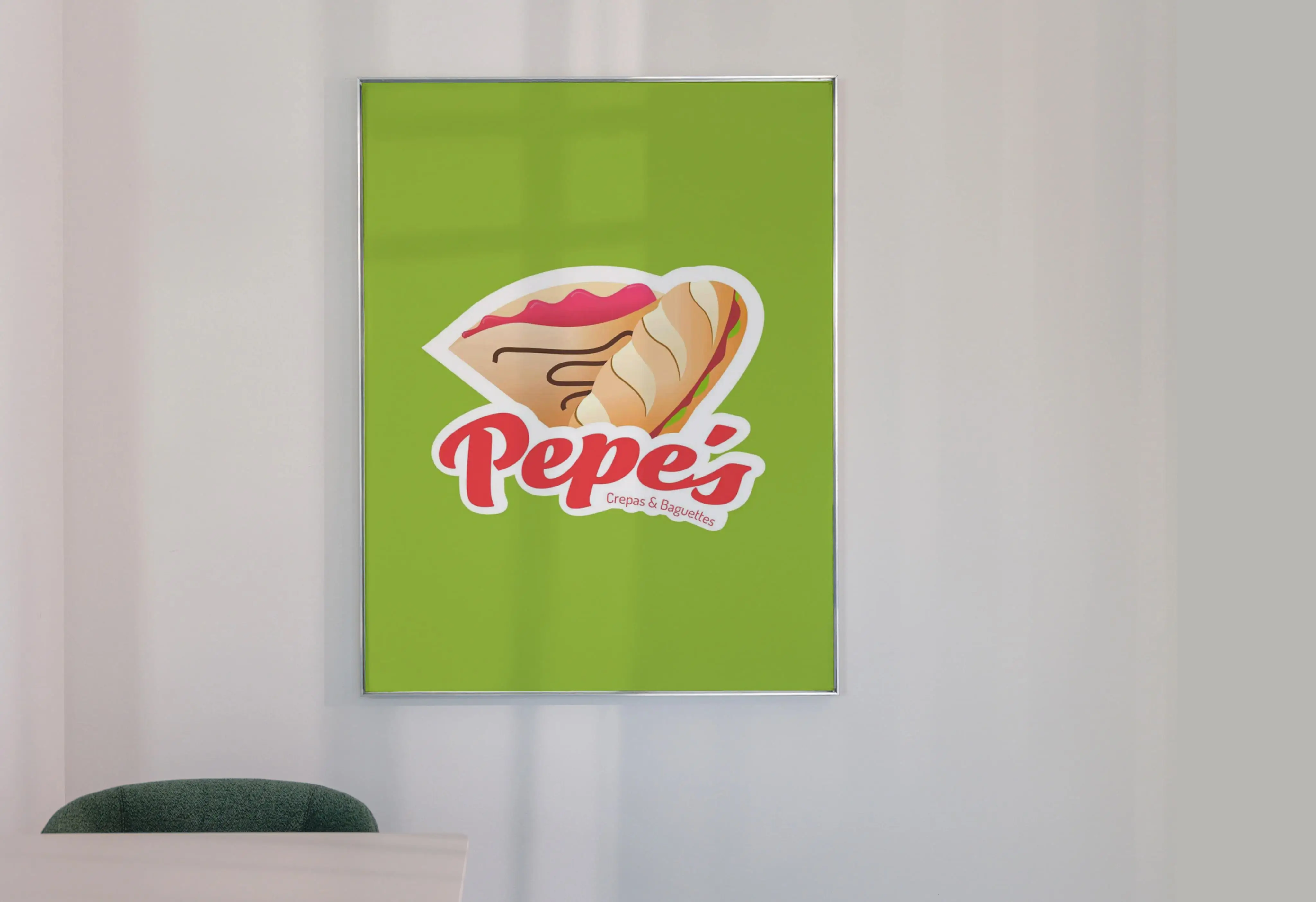 Photograph of a two-person table setting in a dining area, with a poster featuring the Pepe's logo on the wall.