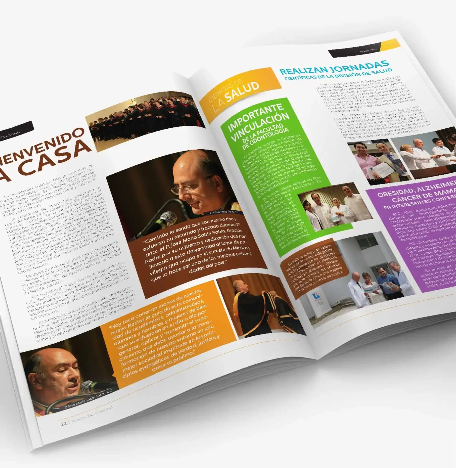 Two-page magazine spread combining an institutional welcome feature with an academic news section, using green, yellow, and purple color blocks to separate topics.